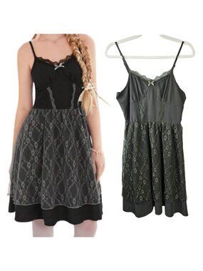 Spaghetti Strap Cami Slip Dress Small Green Floral Lace Bow Dark Fairy Grunge